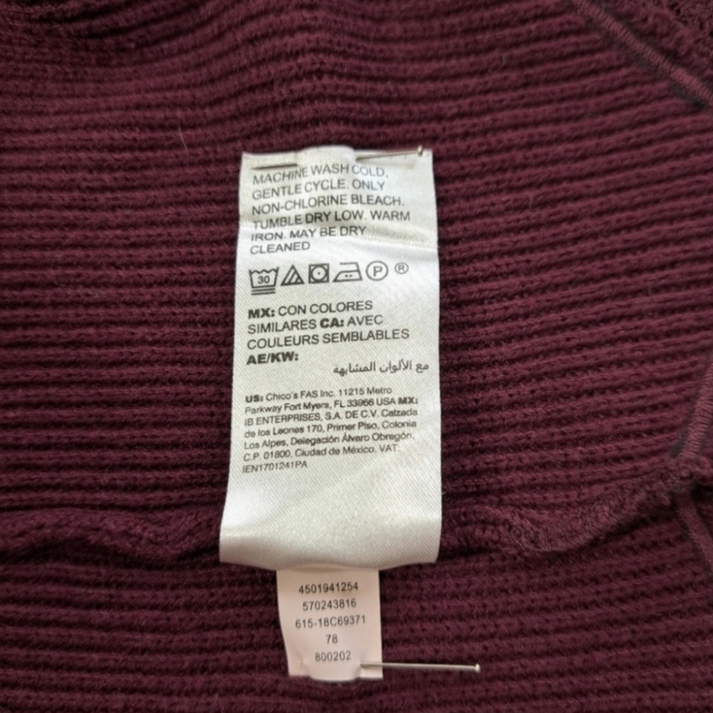 Chico's Women's Long Sleeve Burgundy Blouse/Sweater Ribbed Lace Size 2P … - Picture 13 of 16